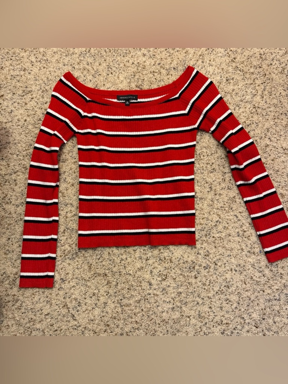 Kendall & Kylie Red Black White Striped Off-Shoulder Sweater